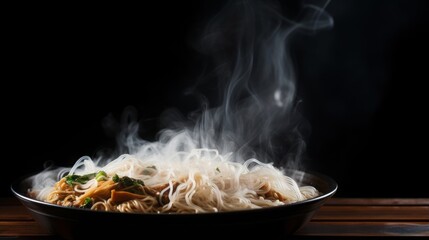 Aromatic steam rises from a bowl of hot noodles, beautifully presented with greens and spices