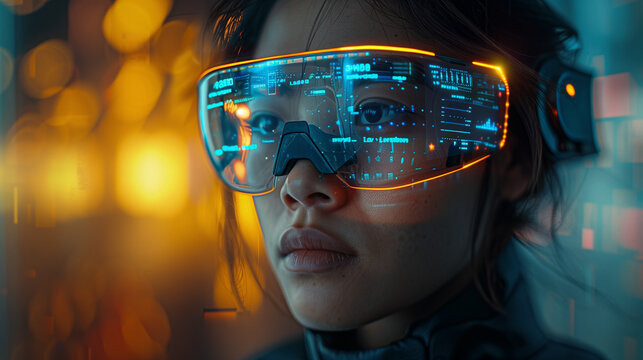 woman financial analyst wearing an artificial intelligence powered virtual headset and crunching numbers