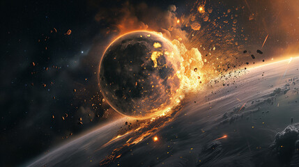 Collision of moon with the planet Earth, apocalypse's concept - obrazy, fototapety, plakaty