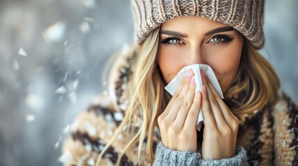 Close up of sick woman using tissue to blow her nose due to cold in detailed shot
