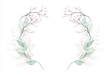 Watercolor painted floral symmetric wreath on white background. Transparent green and pink branches, leaves, twigs. Vector