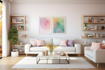 Contemporary Living Room Decoration with Pastel Shades and Indoor Plants