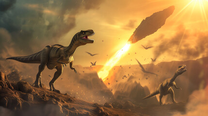 Extinction of the dinosaurs when a large asteroid hits earth theme concept.