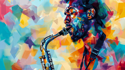 Jazz musician playing a saxophone in a New Orleans jazz club, abstract cubist style. - obrazy, fototapety, plakaty