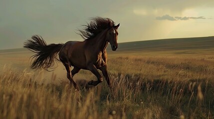 The horse bursts into a gallop, its mane flying in the wind - obrazy, fototapety, plakaty