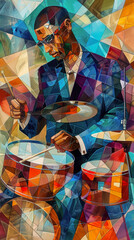 Jazz musician playing a drums in a  in a New Orleans jazz club, abstract cubist style.