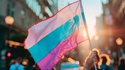 female hand holding lgbt flag with blurred background