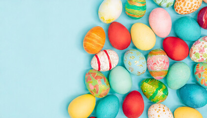 Fototapeta na wymiar Easter Egg Symphony: Pastel Colors Blues and Whites on a Soft Blue Background, Seamless Easter Pattern: Colorful Easter Eggs on Blue Background