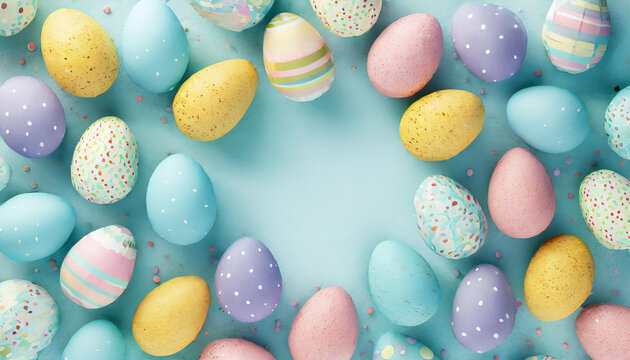 Easter Egg Symphony: Pastel Colors Blues and Whites on a Soft Blue Background, Seamless Easter Pattern: Colorful Easter Eggs on Blue Background