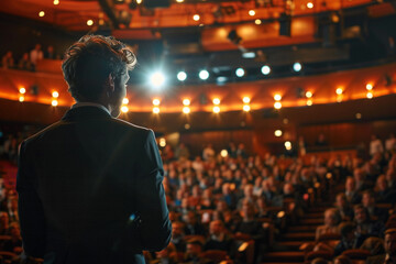 A businessman presenting quarterly earnings to shareholders in a grand auditorium. - obrazy, fototapety, plakaty