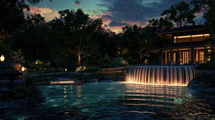 Waterfall Glow and Starlit Sky