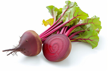 Fresh and juicy red beet root with leaves and a half isolated on white background