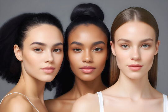 Three multiple ethnicity female models posing together for beauty and fashion business photo. In grey studio background. Beauty for everyone concept
