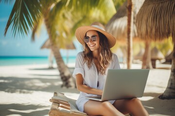 Young woman on tropical beach using laptop