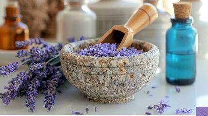 Obraz na płótnie Canvas Lavender flowers in mortar natural cosmetic ingredient on wooden table for skincare formulations