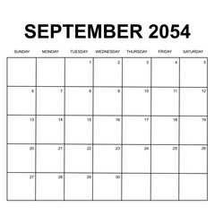 september 2054. monthly calendar design. week starts on sunday. printable, simple, and clean vector design isolated on white background.
