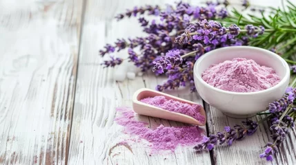 Fototapeten Organic lavender flowers in mortar on table   ingredient for natural beauty product © Ilja