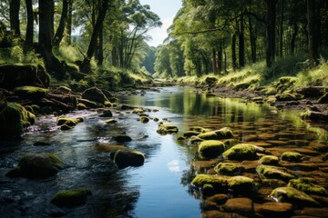 Watercourse flowing through forest with rocks, trees creating natural landscape