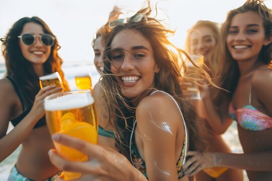fun beach summer youth friend young woman group friendship happiness drink beer lifestyle holiday