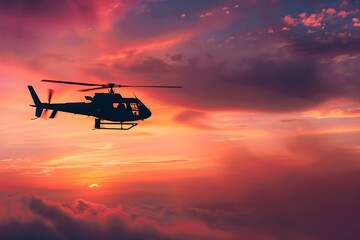 Passenger Helicopter flying in sunset sky