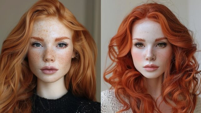 Two different pictures of a woman with red hair and freckles, AI