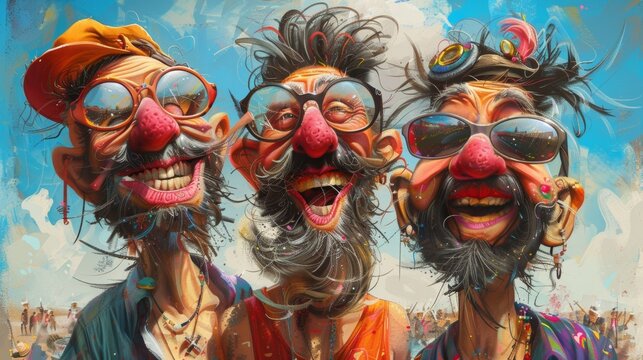 Three men with big noses and glasses are painted on a painting, AI