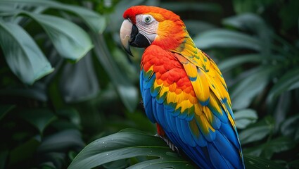 Fototapeta premium A parrot articulately talking, perched in a lush green setting, displaying its vivid feathers and engaging in mimicry