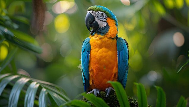 A parrot articulately talking, perched in a lush green setting, displaying its vivid feathers and engaging in mimicry