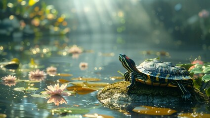 A serene turtle basking on a sunlit rock beside a gentle stream, highlighting the peacefulness of the creature in a natural setting