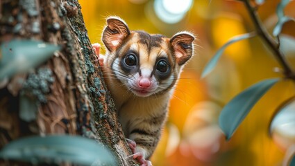 A sugar glider climbing a tree with agility, showcasing its unique gliding ability in a vibrant, natural forest environment