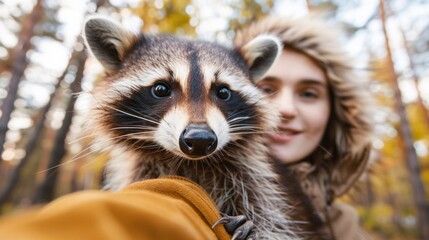 A woman holding a raccoon in her hand while smiling, AI - obrazy, fototapety, plakaty