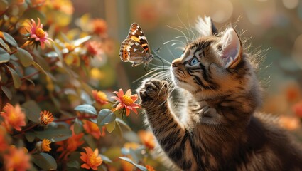 A kitten pouncing playfully on a fluttering butterfly in a lush garden, capturing a moment of innocence and exploration amid vibrant flowers - obrazy, fototapety, plakaty