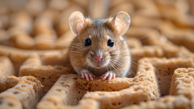 A rat navigating a maze with intelligence and focus, illustrating the animals problem-solving skills in a well-designed, engaging setup