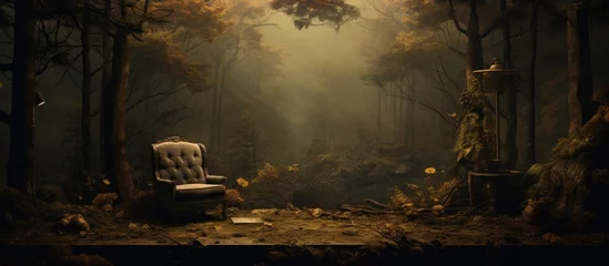 Foto op Canvas A solitary chair is placed in the heart of a dense forest, surrounded by towering trees, lush grass, and a backdrop of a dark cloudy sky © AkuAku