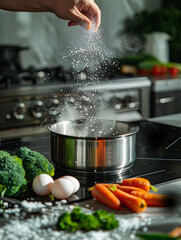 modern kitchen, a stainless steel pot sprinkling salt into vegetables 