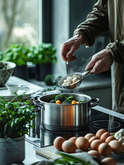 Modern kitchen, a stainless steel pot siding garlic to vegetables