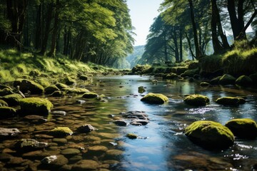 A river meanders through a lush forest with trees, rocks, and natural landscape