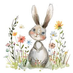 A watercolor painting of a bunny rabbit standing in a field of flowers.