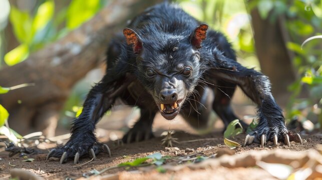 A black Chupacabra with large teeth and claws on the ground, AI