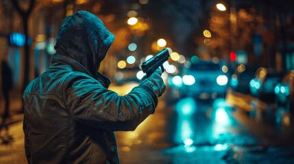 A man in a hoodie holding up his gun on the street, AI - obrazy, fototapety, plakaty