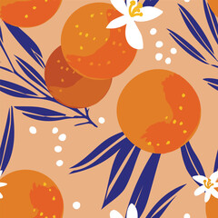Vector fruit seamless pattern. Vector orange seamless pattern. Vector orange flowers pattern. Seamless fruits pattern.