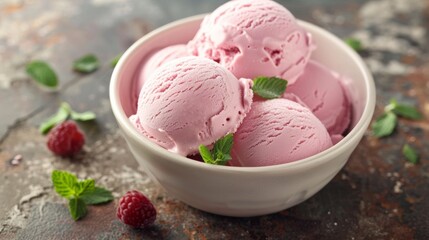 A bowl of ice cream with raspberries and mint leaves, AI