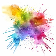 Dynamic watercolor splatter, blending a rainbow of colors into a vivid and lively abstract expression on white.