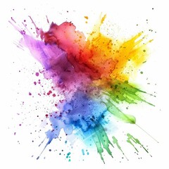 Dynamic watercolor splatter, blending a rainbow of colors into a vivid and lively abstract expression on white. - obrazy, fototapety, plakaty