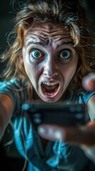A woman holding a cell phone in her hand with an angry look on her face, AI