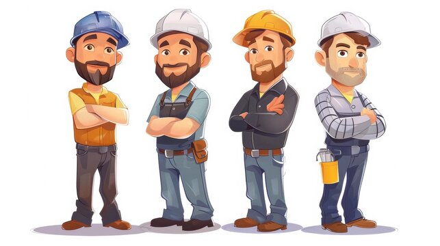 A cartoon construction workers with different hats and facial expressions, AI