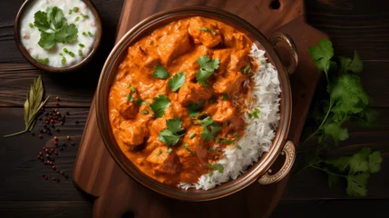 Fototapeten Mouthwatering Indian dish, Chicken Tikka Masala, served over basmati rice garnished with herbs in traditional copper bowl © Major