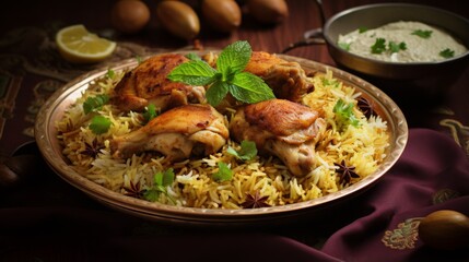 Close-up of chicken biryani served on a vintage brass plate, surrounded by herbs and a lemon wedge