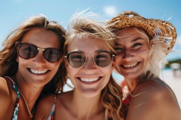 Obraz premium Three attractive women - mother, daughter and grandmother, smile and take a selfie.