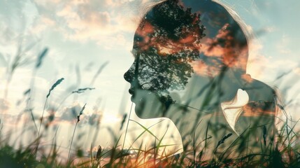 A double exposure of a woman's face in the grass, AI